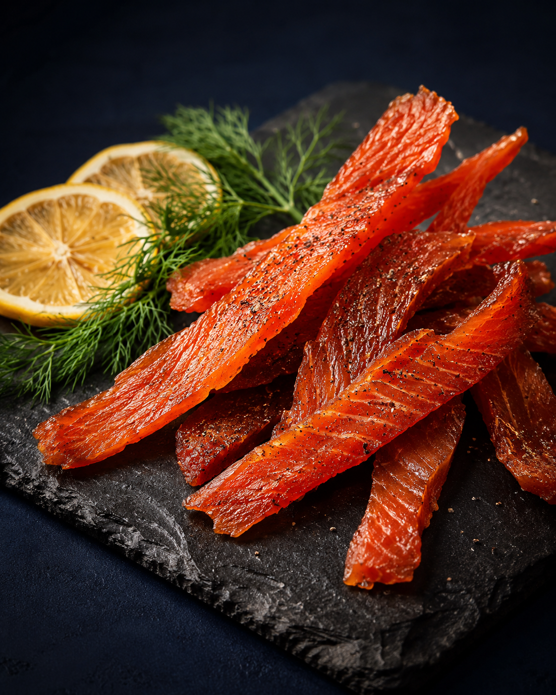 Wild salmon jerky strips on slate, Pacific Northwest style