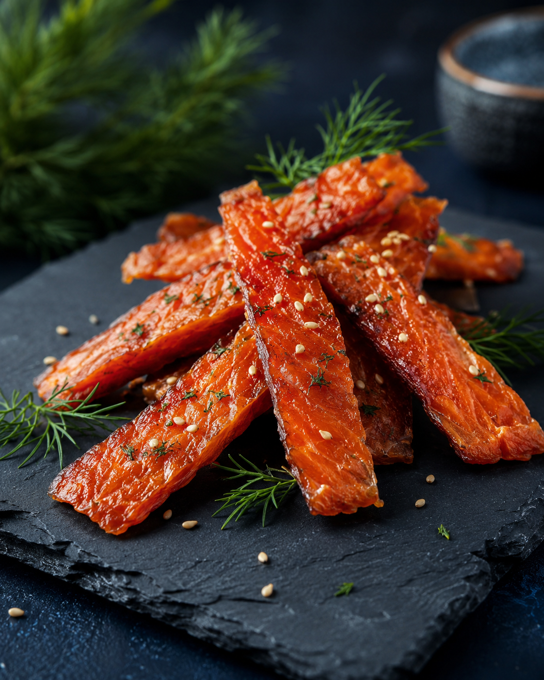 Artisan wild salmon jerky strips, close-up